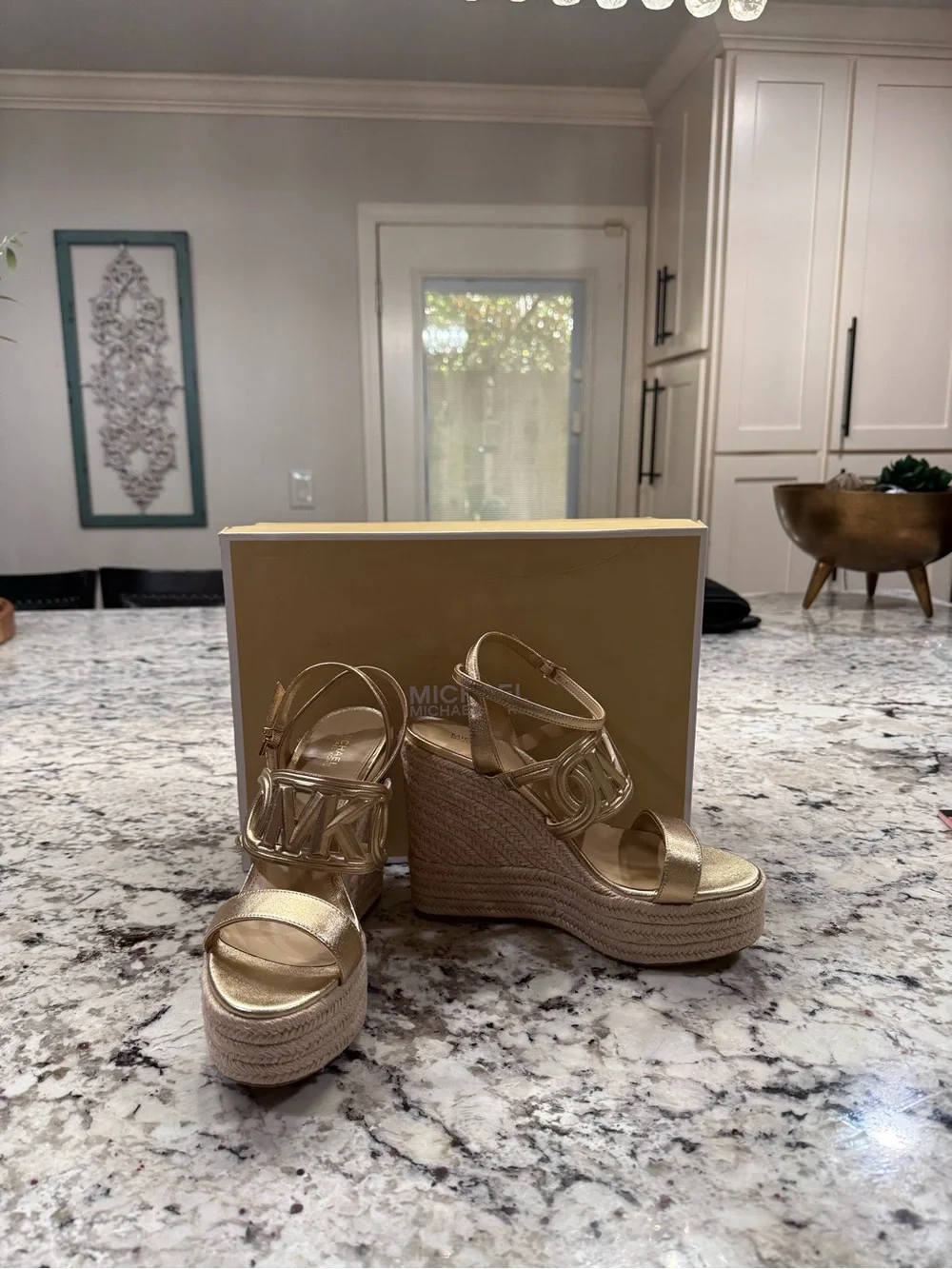 Michael Kors Metallic Gold MK Espadrille Wedge Sandals